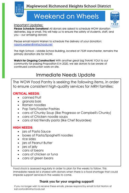 Weekend On Wheels Critical Needs Alert Weekend On Wheels Critical Needs Alert